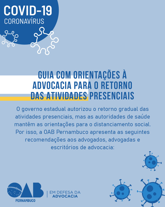 OAB-PE disponibiliza cartilha com orientações à advocacia para o retorno das atividades presenciais