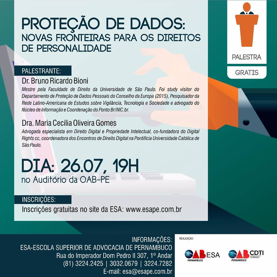 Palestra gratuita: Prote&ccedil;&atilde;o de dados - Novas fronteiras para os direitos de personalidade