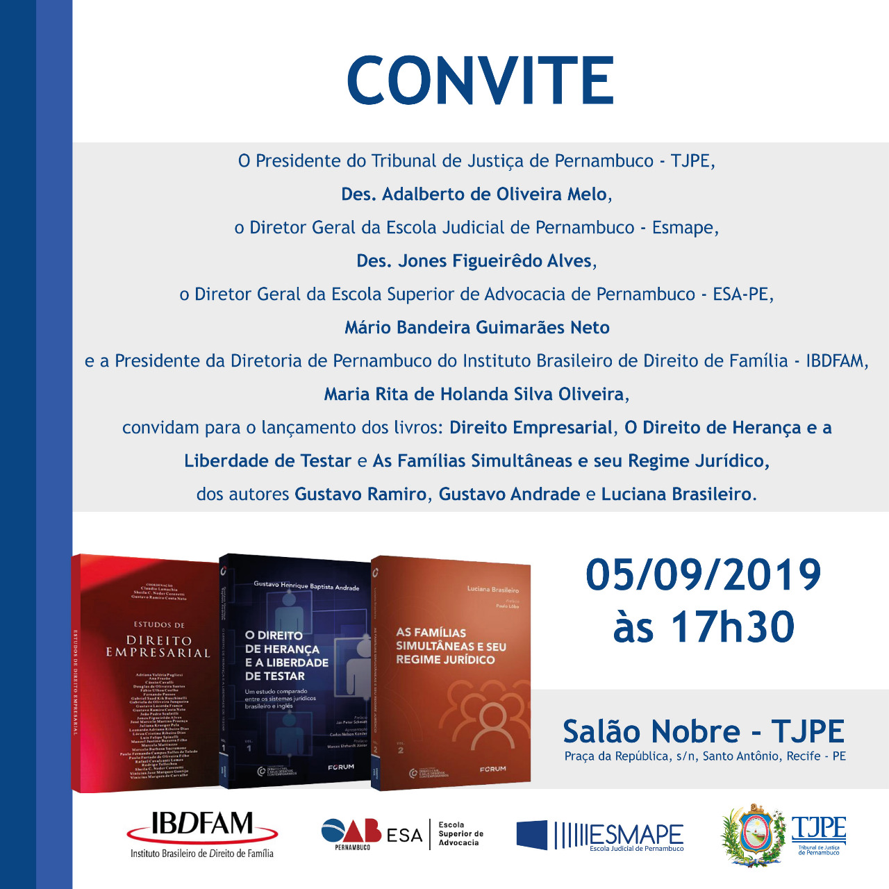TJPE sedia lançamento de três obras jurídicas nesta quinta-feira