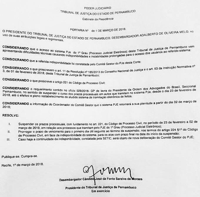 OAB Pernambuco tem pleito atendido e TJPE suspende prazos processuais que tramitam no PJe do 1º Grau