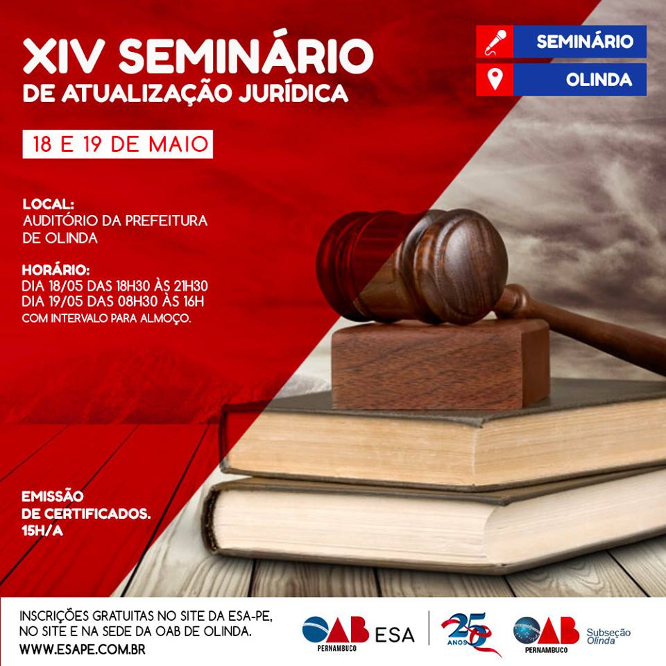 Olinda receber&aacute; Semin&aacute;rio de Atualiza&ccedil;&atilde;o Jur&iacute;dica da ESA-PE