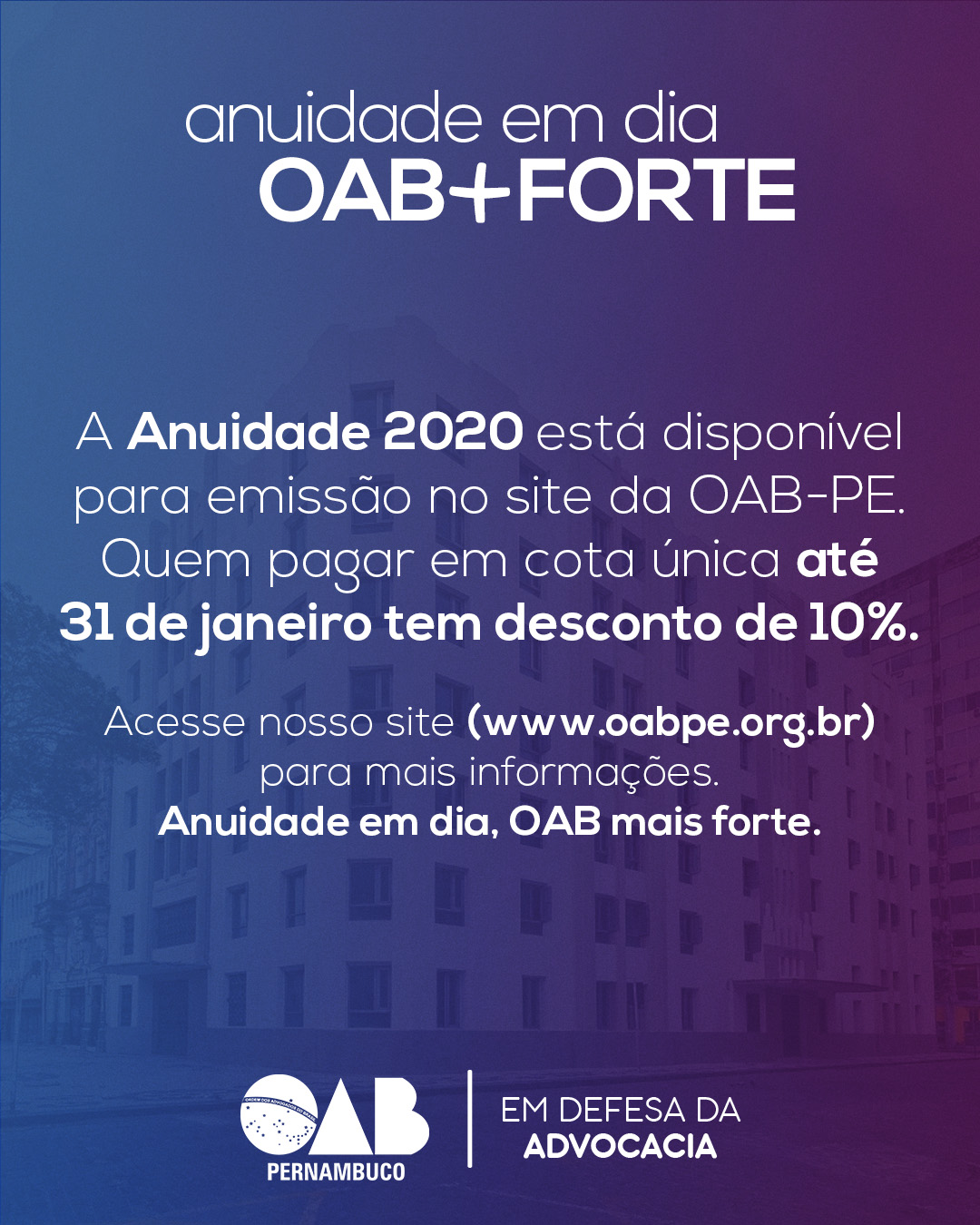 Anuidade 2020 disponível para emissão no site. Fique atento às vantagens