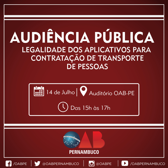 OAB-PE promove audi&ecirc;ncia p&uacute;blica para discutir Uber e aplicativos similares