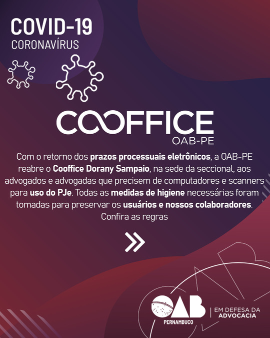 OAB-PE reabre Cooffice para atender a advocacia pelo PJe