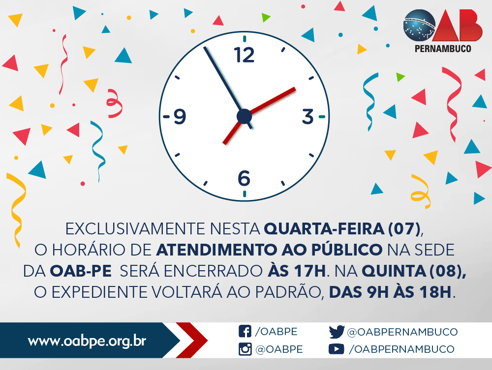 Mudan&ccedil;a no hor&aacute;rio de funcionamento da sede da OAB-PE nesta quarta (07)