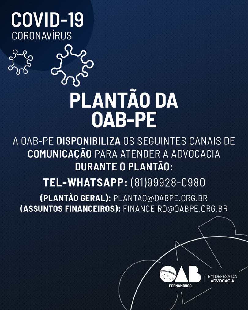 Confira os canais de atendimento da OAB-PE durante o plant&atilde;o
