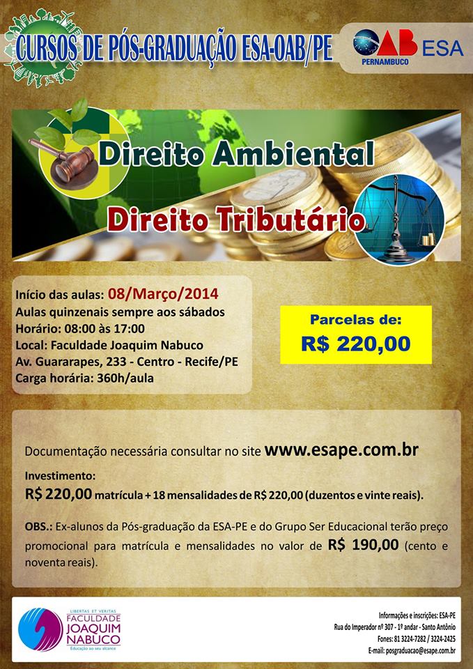 Direito Ambiental e Direito Tribut&aacute;rio na ESA-PE
