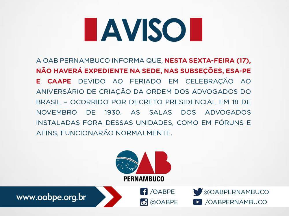 Aviso - Funcionamento no dia 17 de novembro