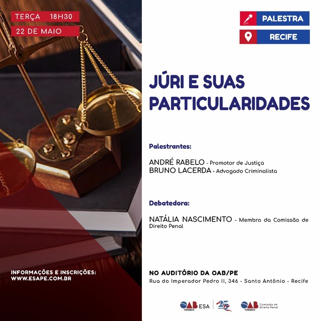 J&uacute;ri e suas particularidades s&atilde;o tema de palestra promovida pela OAB-PE nesta ter&ccedil;a (22)