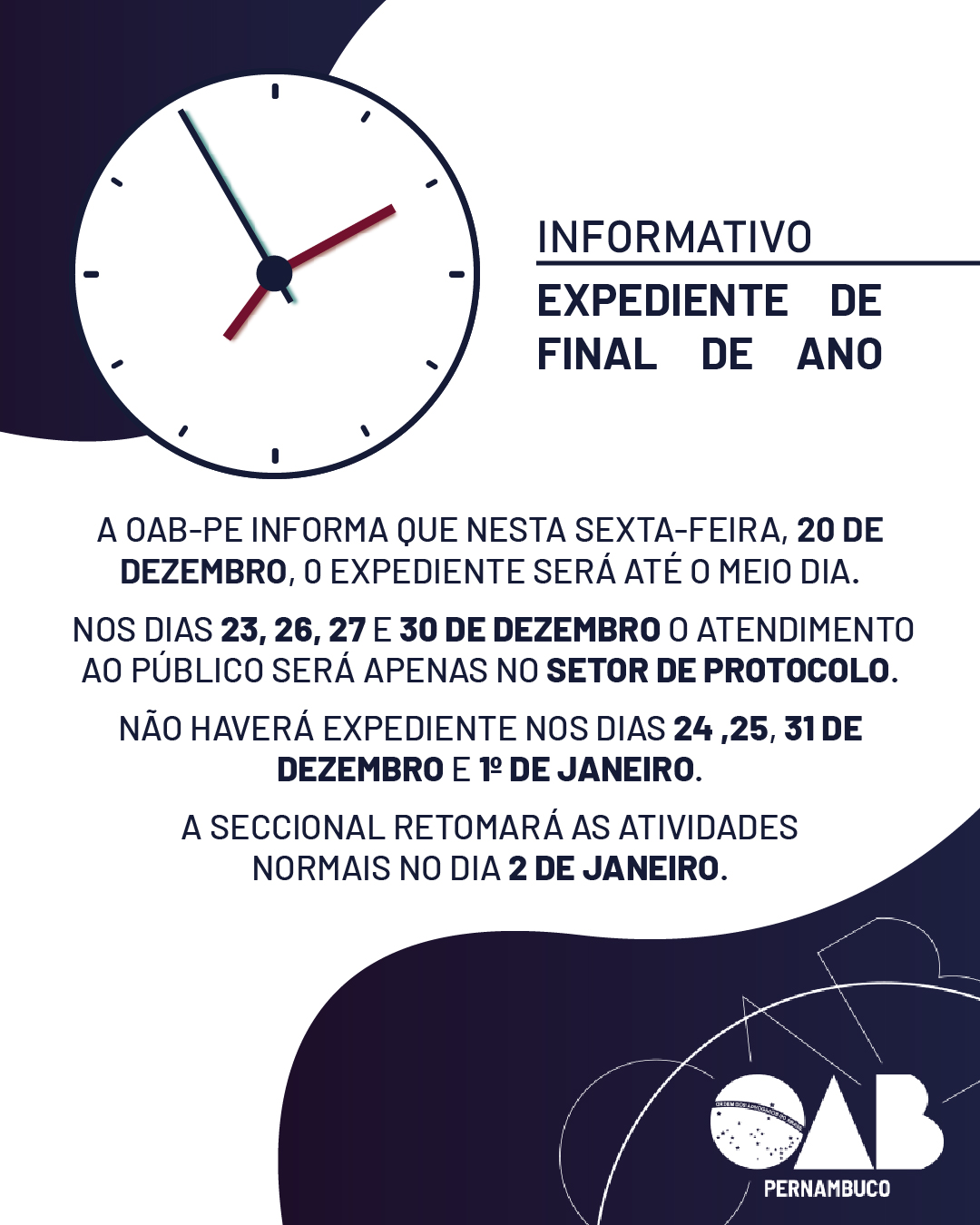 Confira o expediente de final de ano da OAB Pernambuco