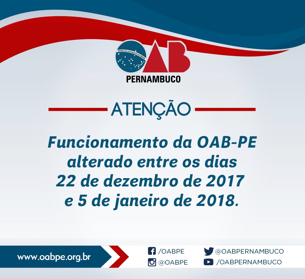 OAB Pernambuco terá horário de funcionamento alterado neste fim de ano