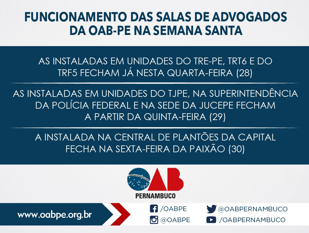 Funcionamento das Salas dos Advogados - Semana Santa 2018