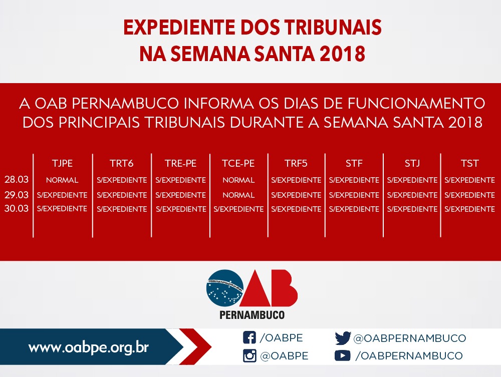 Expediente dos Tribunais &ndash; Semana Santa 2018