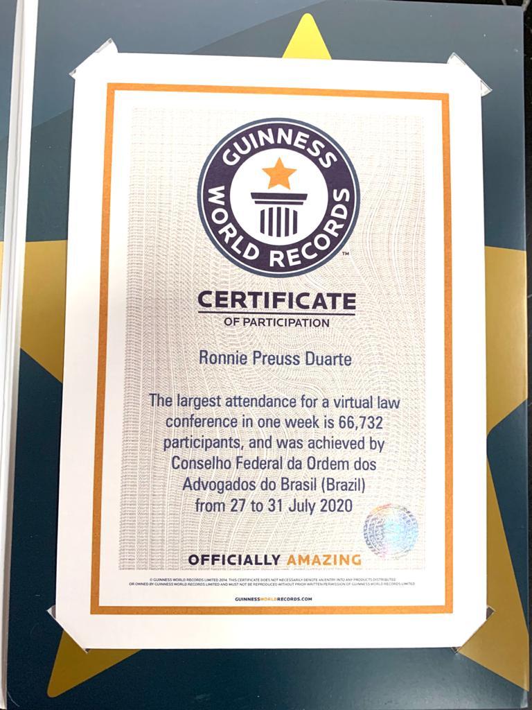 OAB recebe certificado do Guinness World Records pela realização do maior congresso virtual da área jurídica em uma semana